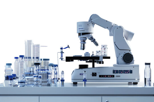 Advanced robotic machinery conducting experiments in a cutting-edge biotech lab