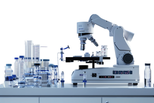 Advanced robotic machinery conducting experiments in a cutting-edge biotech lab