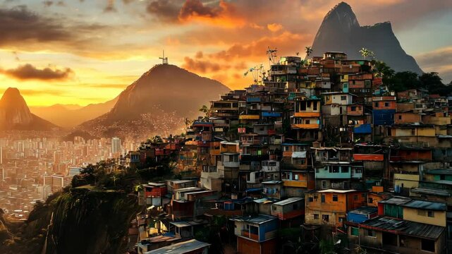 Vibrant sunset over the favelas of Rio de Janeiro showcasing the city's unique landscape and culture