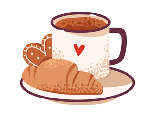 Mug of cocoa with croissant and gingerbread. Holiday sweets. Flat vector illustration