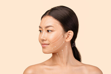 Asian Woman's Face Portrait With Lifting Arrows Showing Antiaging Facial Skincare Treatment,...