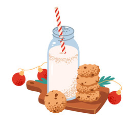 A bottle of milk with a straw and gingerbread cookies. Festive Christmas drink with sweets. Flat vector illustration