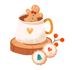 Festive mug with cocoa and gingerbread man. Christmas drink. Flat vector illustration