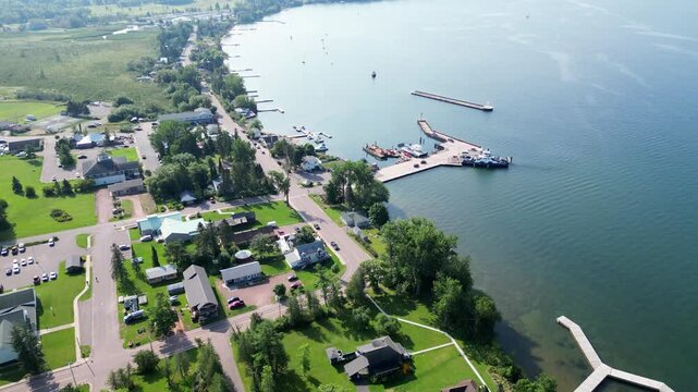 Apostle Islands National Lakeshore, Wisconsin, USA. 4K Aerial Flyover Over The Scenic 12-Mile Stretch Of Shoreline Along Lake Superior.