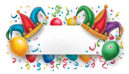 Naklejka premium Papier Banner mit Narrenkappe, Konfetti und Luftballons Transparent