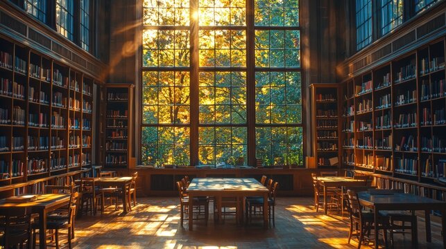 Quiet library with morning sunlight through windows, Monday morning, peaceful and studious