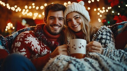 Couple snuggled up under a blanket, watching a Christmas movie together with warm drinks in hand. 4K hyperrealistic photo.