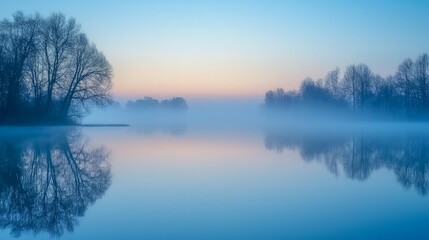 Fototapeta premium Serene Dawn over a Fog Covered Lake Generative AI