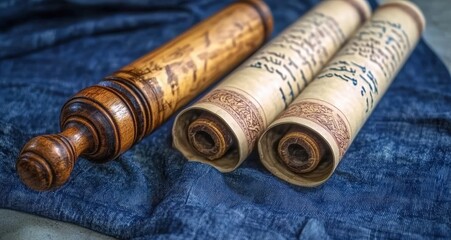 Fototapeta premium Antique scrolls with intricate details on a textured blue fabric background.