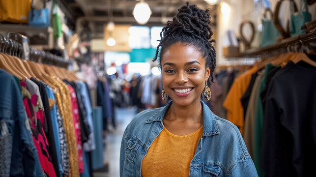 femme noire souriante en train d'acheter des v&ecirc;tements dans un magasin de fripes 