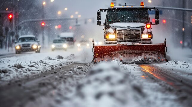 Snowplow clearing snow from road during winter storm  addressing blizzard traffic challenges