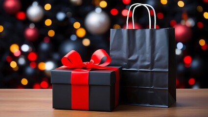 Black Friday Shopping Bag with Festive Gift Box and Christmas Ornaments on Wooden Table - Holiday Sale Concept