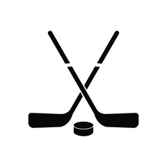Hockey sticks with puck sign for sport design. Ice Hockey icon, Hockey sticks, used in ice hockey games. cues with puck isolated on white background. 