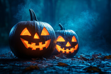 Naklejka premium Two carved pumpkins sit on the ground in the dark. Their eerie, glowing faces cast a spooky light, enhancing the haunting atmosphere of a Halloween night.