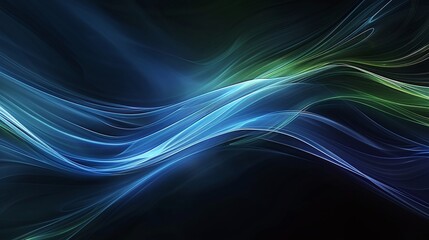 Beautiful abstract waves of light in blue and green hues create a mesmerizing visual effect on a dark background. Product presentation background.