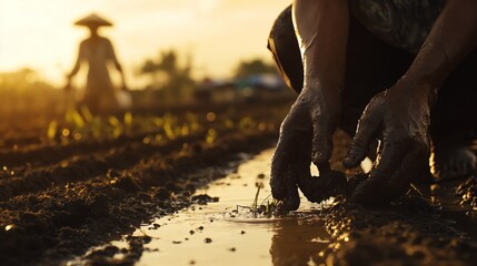 A group of individuals is actively engaged in laboring within a muddy field