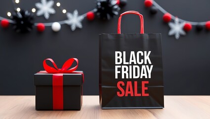 Black Friday Shopping Bag with Festive Gift Box and Christmas Ornaments on Wooden Table - Holiday Sale Concept