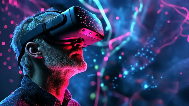 Exploring virtual reality experiences with an elderly man in a vibrant digital universe at a tech conference in 2023 - Powered by Adobe