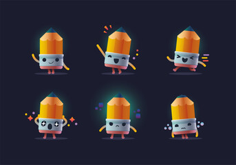 Cute pencil character mascot stickers illustration with various happy expression activity mascot collection set