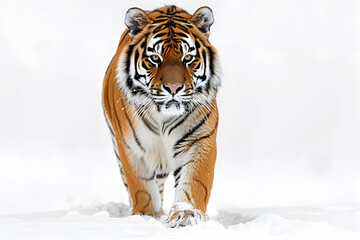 Obraz premium tiger walking in snow powerful big cat in winter wilderness wildlife nature photography predator hunting closeup fierce wild animal isolated cold Siberian tiger image