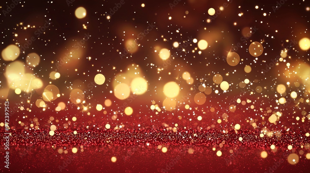 Poster golden particles are falling on a red glitter background with a bokeh effect, creating a festive and