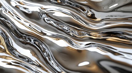 A flowing river of liquid metal in silver and gold tones, reflecting light and creating an otherworldly abstract effect. Background