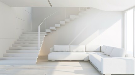 Obraz premium Cute grey sofa in room with staircase. Scandinavian home i nterior design of modern living room.