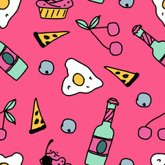 Seamless pattern of colorful food and drink. Template for Notebook covers, pattern for wallpapers, textile or for cafe, fast food restaurant. Doodle vector arts. Childish naive illustrations