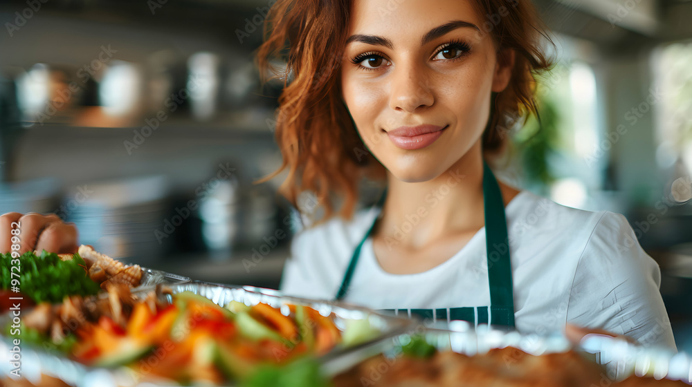 Sticker Woman Waitress Preparing Take Away Food Restaur