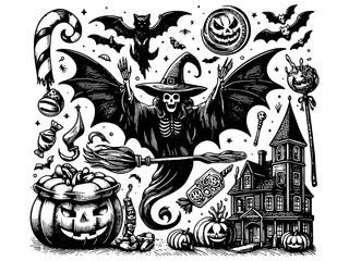Obraz premium Halloween-themed black and white illustration with various spooky elements. Vector, generative ai.