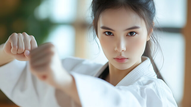 A woman wearing a karate uniform is practicing