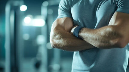 Fototapeta premium Muscular man stands with his arms crossed in a gym in the background, blurred