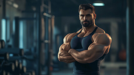 Fototapeta premium Muscular man stands with his arms crossed in a gym in the background, blurred