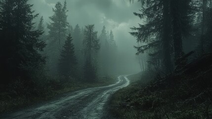 Foggy forest road surrounded by pine trees, eerie and atmospheric