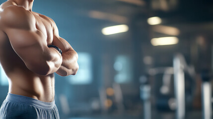 Fototapeta premium Muscular man stands with his arms crossed in a gym in the background, blurred