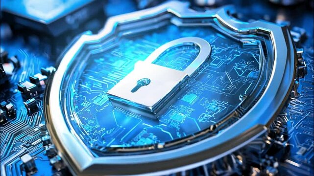 Metallic Shield with Padlock on a Blue Circuit Board Background