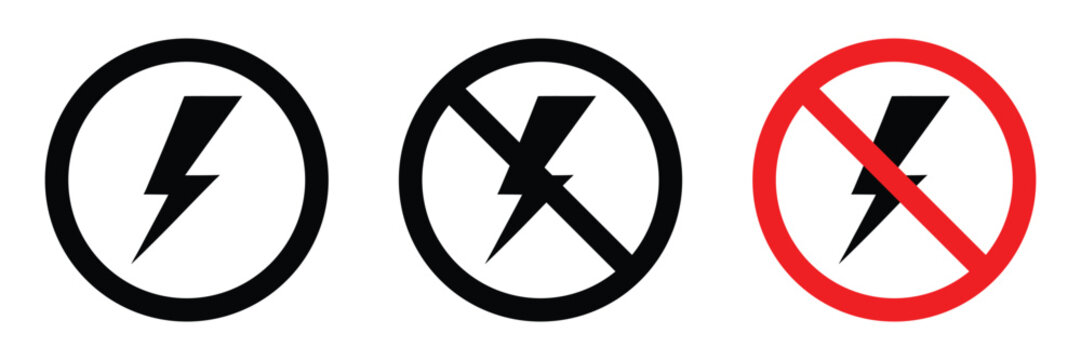 Lightning and no lightning electricity sign vector icon set. Flash and no flash. Blackout symbol, power outage, bright warning.