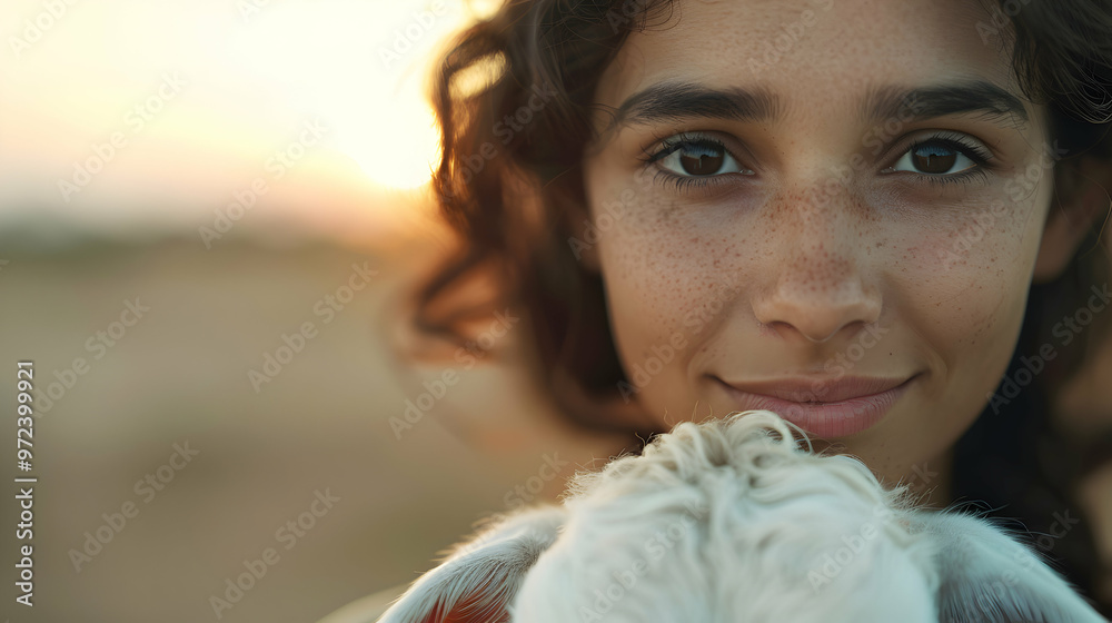 Poster Woman With Indian Cow. Selective Focus.