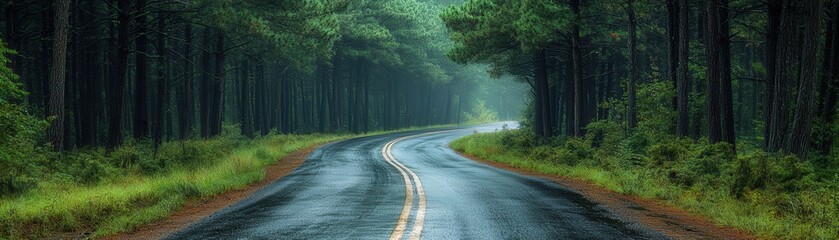 Fototapeta premium Country road with pine trees arching overhead, forming a natural tunnel