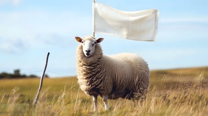 Fototapeta premium Sheep with White Flag: A fluffy sheep standing in a meadow, holding a white flag with its mouth. 