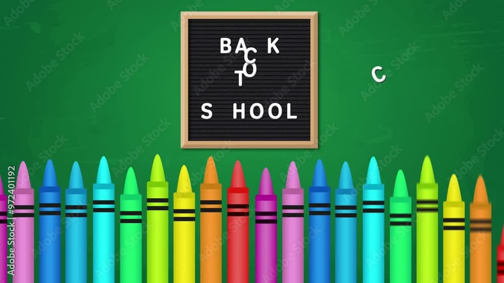 Wall mural Animation of back to school text on chalkboard over colored crayons against green background