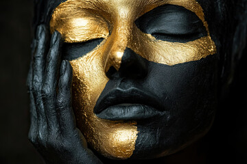 face covered in black paint with golden accents