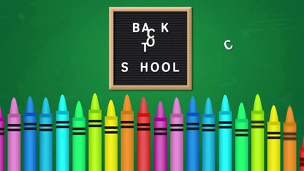 Animation of back to school text on chalkboard over colored crayons against green background - Powered by Adobe