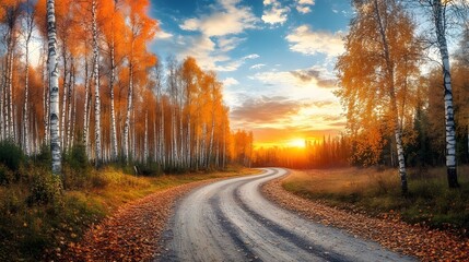 Obraz premium The road is lined with birch trees, the sunset's glow illuminates the autumn leaves on the ground