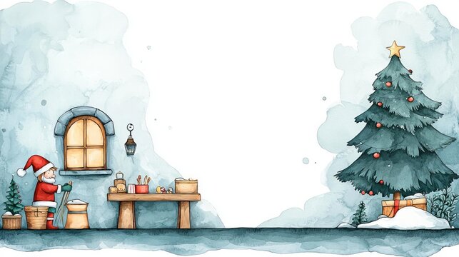 Santa s workshop, elves crafting toys, whimsical atmosphere, magical realism, Watercolor style