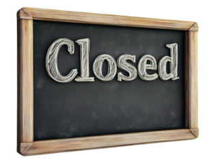 'Closed' chalkboard sign with wooden frame, 3D effect on a transparent background