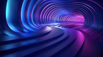 Futuristic tunnel with flowing curves and vibrant blue and purple lights, creating a mesmerizing visual effect for digital designs. Product presentation background.