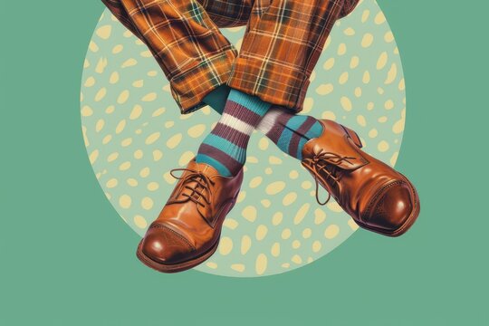 Elegant Man's Legs in Plaid Trousers With Shoes Over Green Circle.