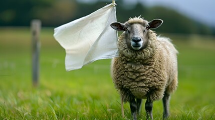 Fototapeta premium Sheep with White Flag: A fluffy sheep standing in a meadow, holding a white flag with its mouth. 