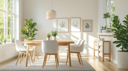 Fototapeta premium Bright, Scandinavian-inspired dining room with a light oak table, simple white chairs, and minimalist decor, with large windows providing ample natural light